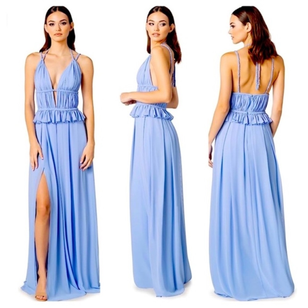 new! Dress The Population | Athena Flowy Plunging Cut Out Gown periwinkle
